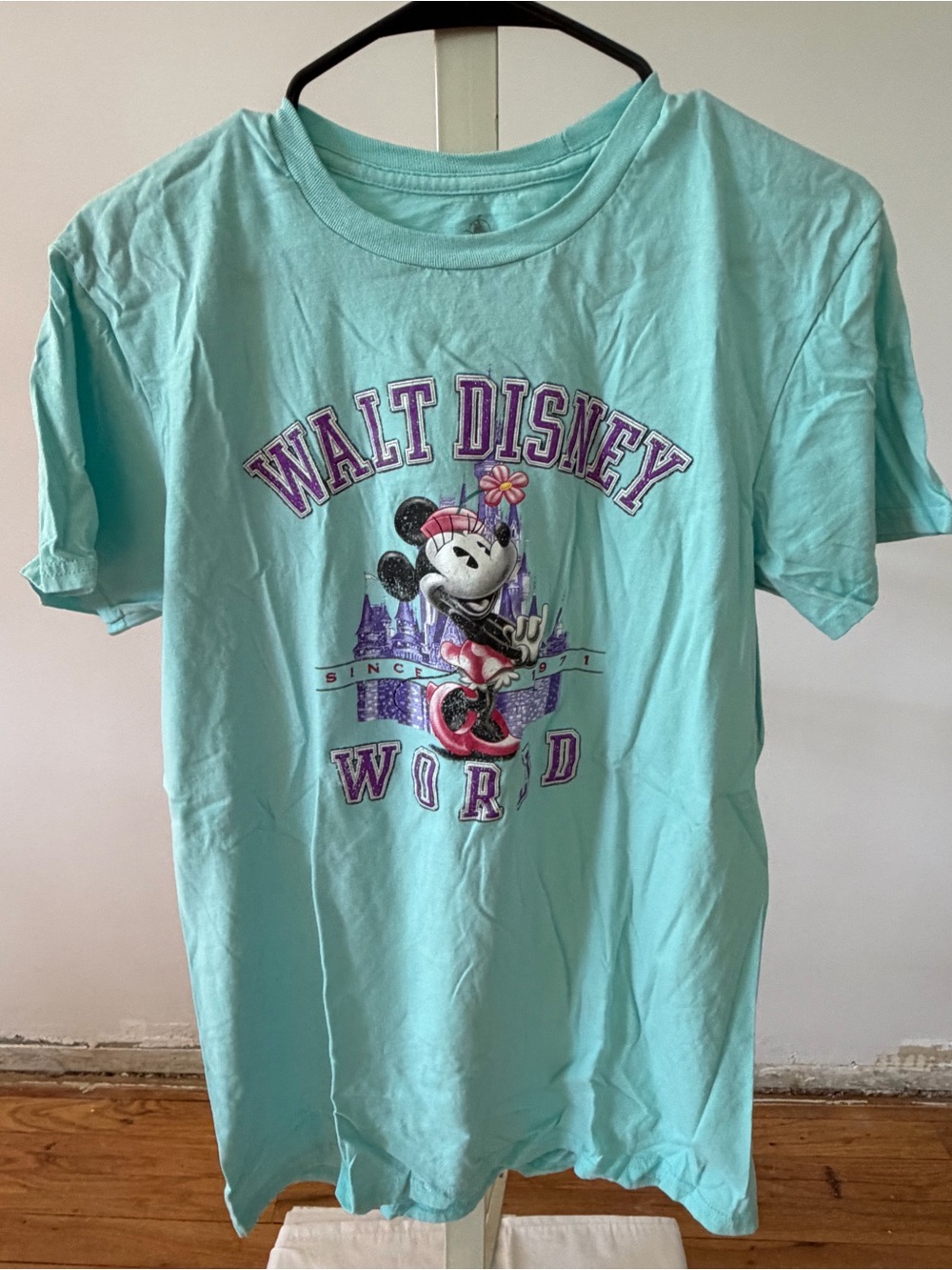 Disney Mint Green Minnie Mouse Graphic Tee with Purple Accents